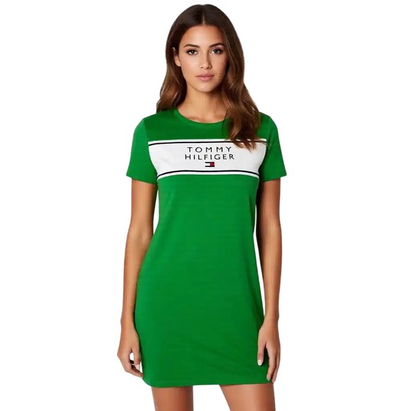 Tommy Hilfiger Dresses & Skirts - Tommy Hilfiger Womens Green Logo Stripe T-Shirt Mini Dress L New